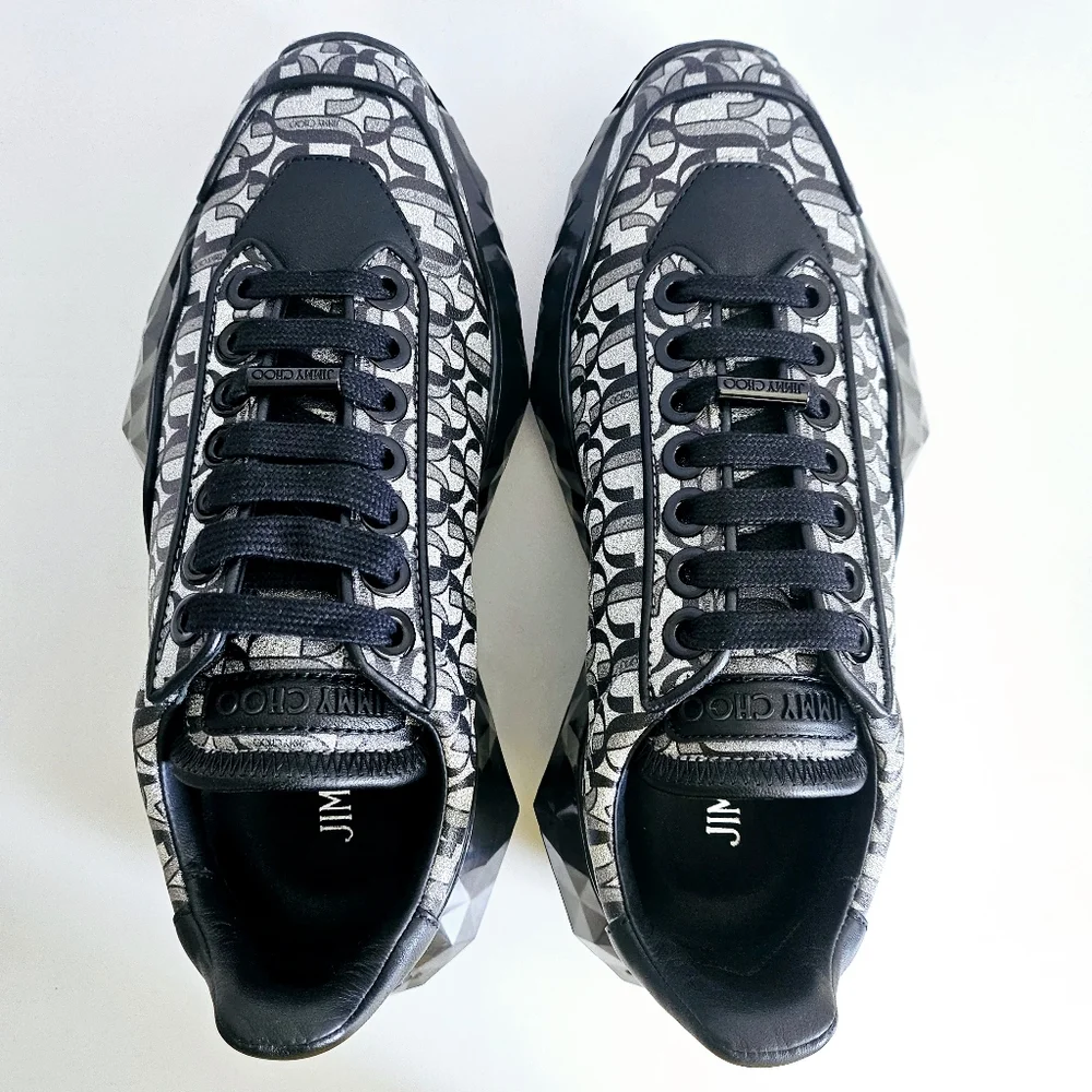 New With Tags Jimmy Choo Black Silver Diamond Calfskin Leather Sneakers